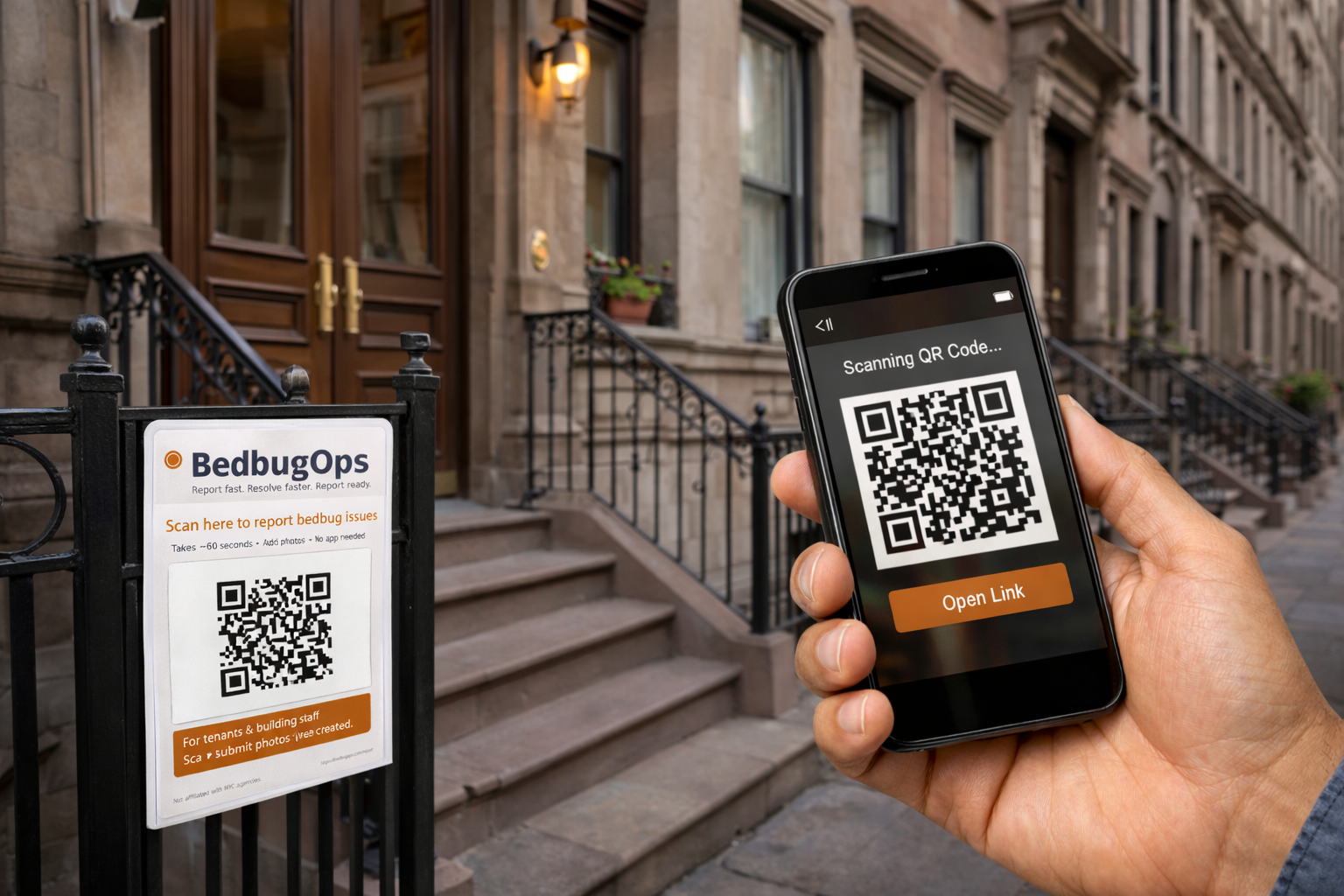 NYC brownstone entrance with BedbugOps QR poster on gate and a hand scanning it