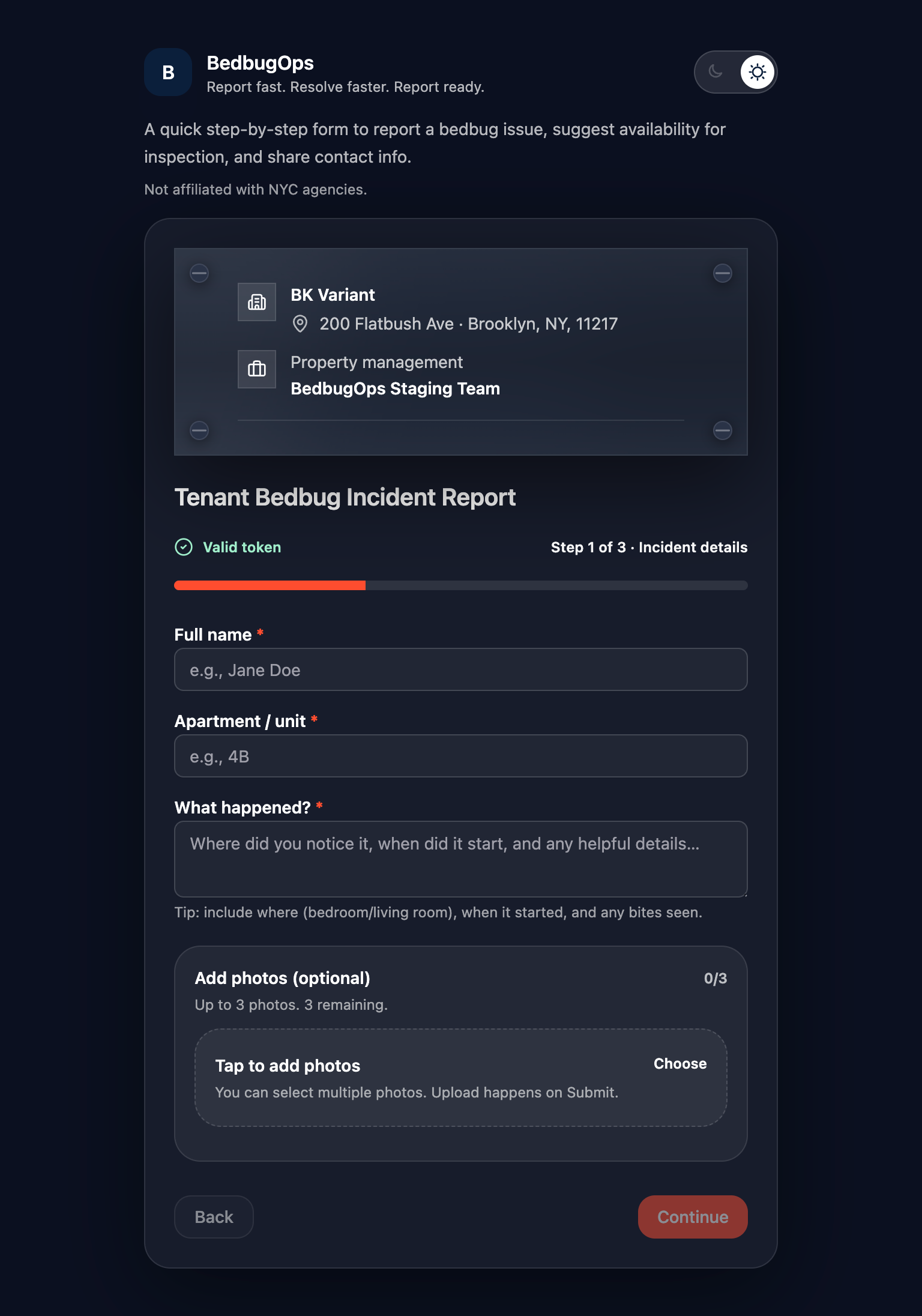 BedbugOps tenant reporting tool shown inside a mobile device frame